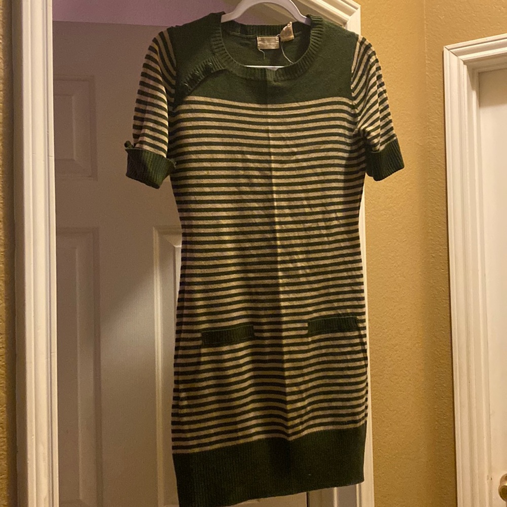 Allison & Brittney Small Army Green & Beige striped shirt sleeve sweater dress